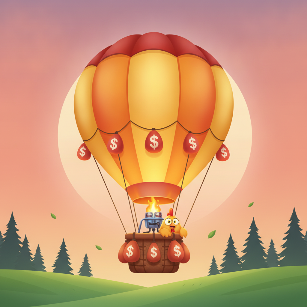 BalloniX crash game con mongolfiera dorata pilotata da un pollo cartoon, cielo al tramonto viola e arancione, gioco di moltiplicatori in tempo reale