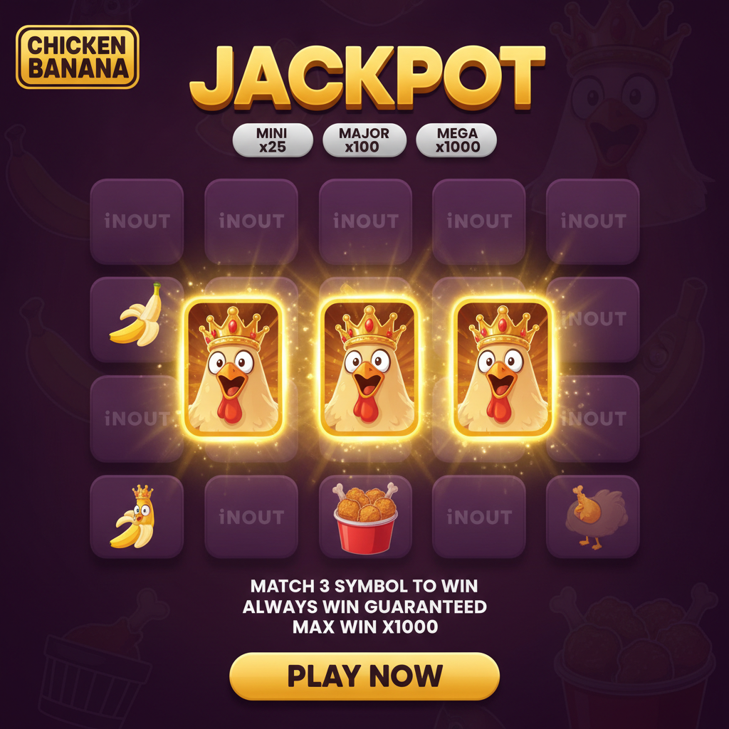 Chicken Banana slot con griglia 5x4, simboli pollo fritto dorato, banane gialle, corone jackpot Mini Major Mega su sfondo viola scuro