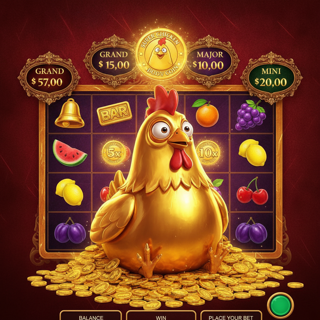 Chicken Coin Hold and Win slot con pollo dorato mascotte seduto su monete, jackpot GRAND MAJOR MINOR MINI e griglia 3x4 con simboli frutta e monete bonus