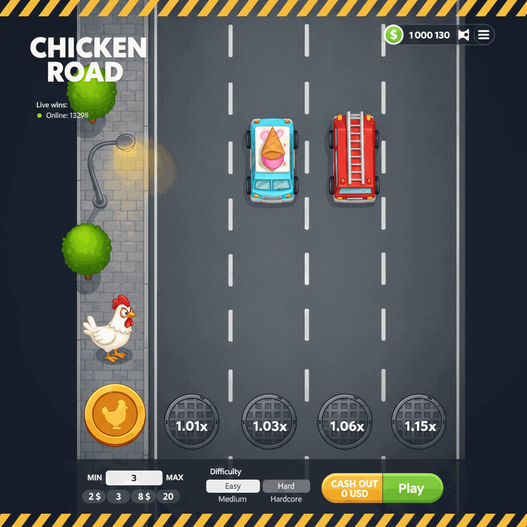 Chicken Road gioco crash di InOut con pollo cartoon che attraversa strada a corsie multiple vista dall'alto, manhole cover con moltiplicatori, interfaccia di gioco con pulsanti scommessa e incasso, ambientazione urbana con lampioni e alberi