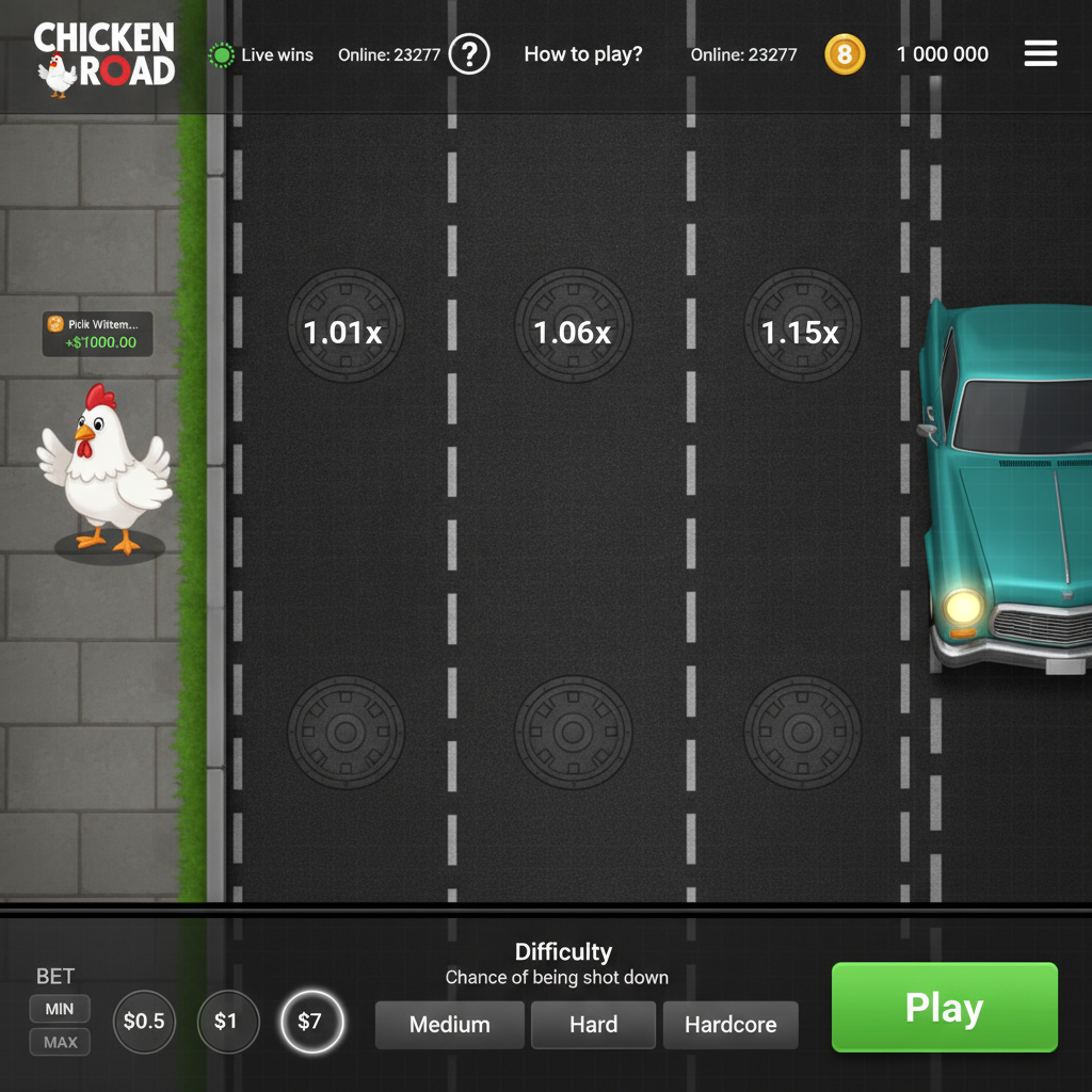 Chicken Road 2 slot game: gallina bianca che attraversa strada asfaltata con 6 corsie, tombini moltiplicatori e auto turchese