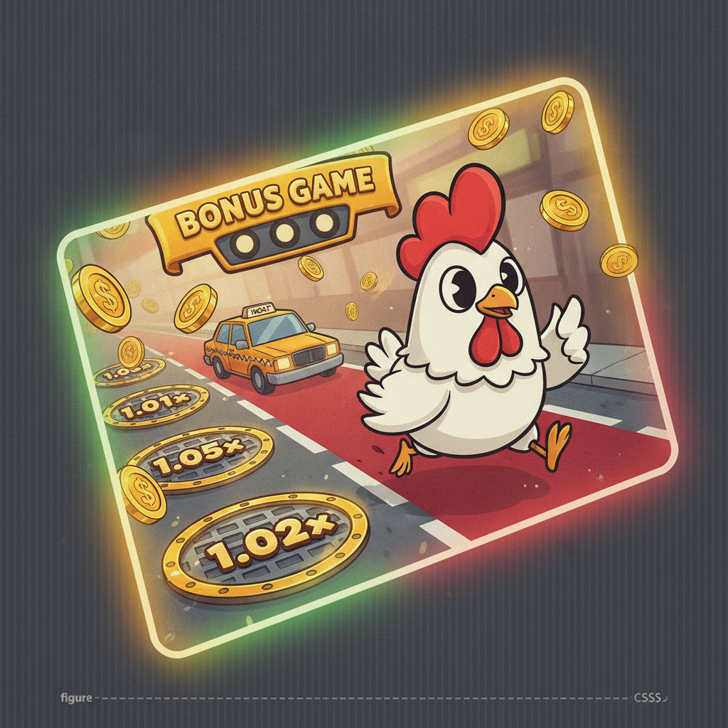 Chicken Road 2 Bonus slot con pollo cartoon che attraversa corsie stradali con moltiplicatori crescenti e monete dorate