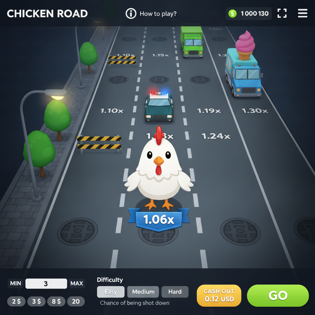 Chicken Road gioco crash InOut con pollo cartoon che attraversa strada multi-corsia con veicoli vista dall'alto moltiplicatori e barriere stradali