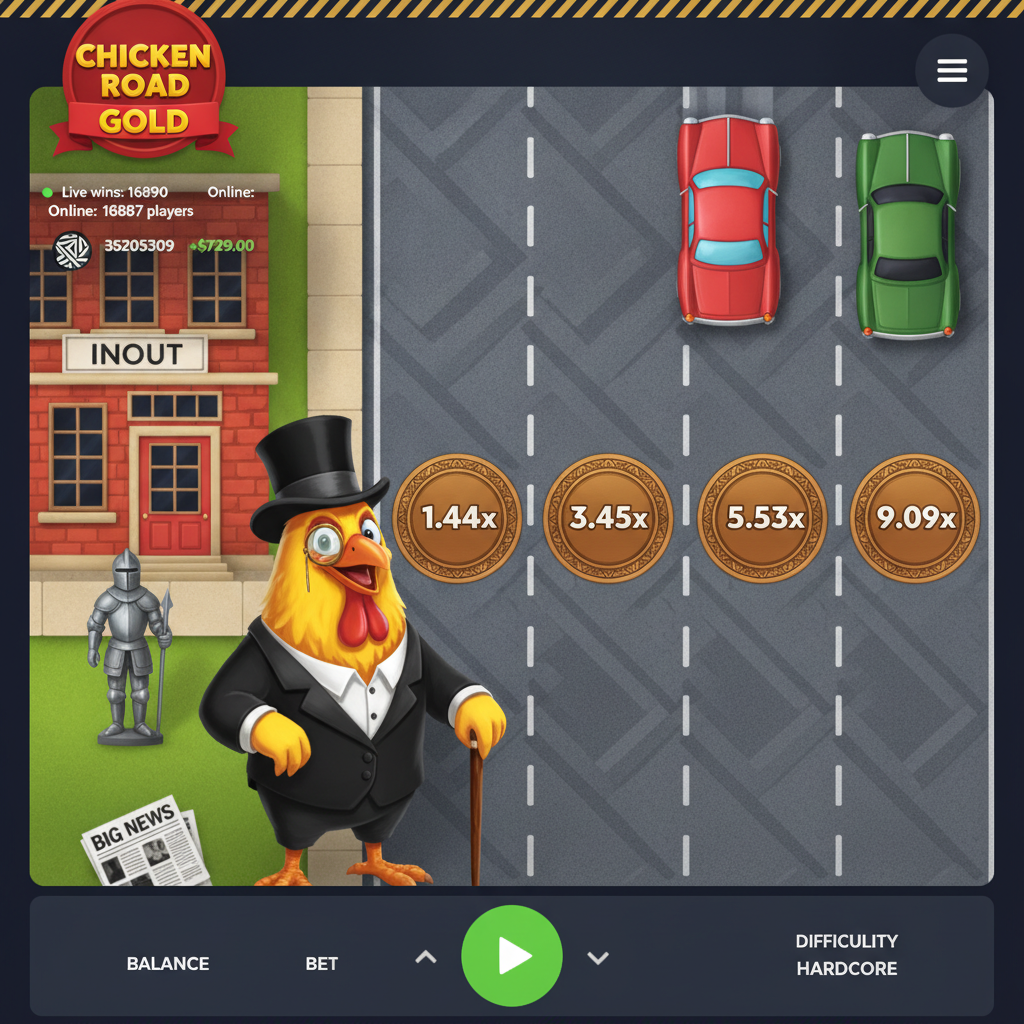 Chicken Road Gold gioco crash moltiplicatore con pollo elegante in cilindro e monocolo che attraversa strada con auto vintage e monete dorate