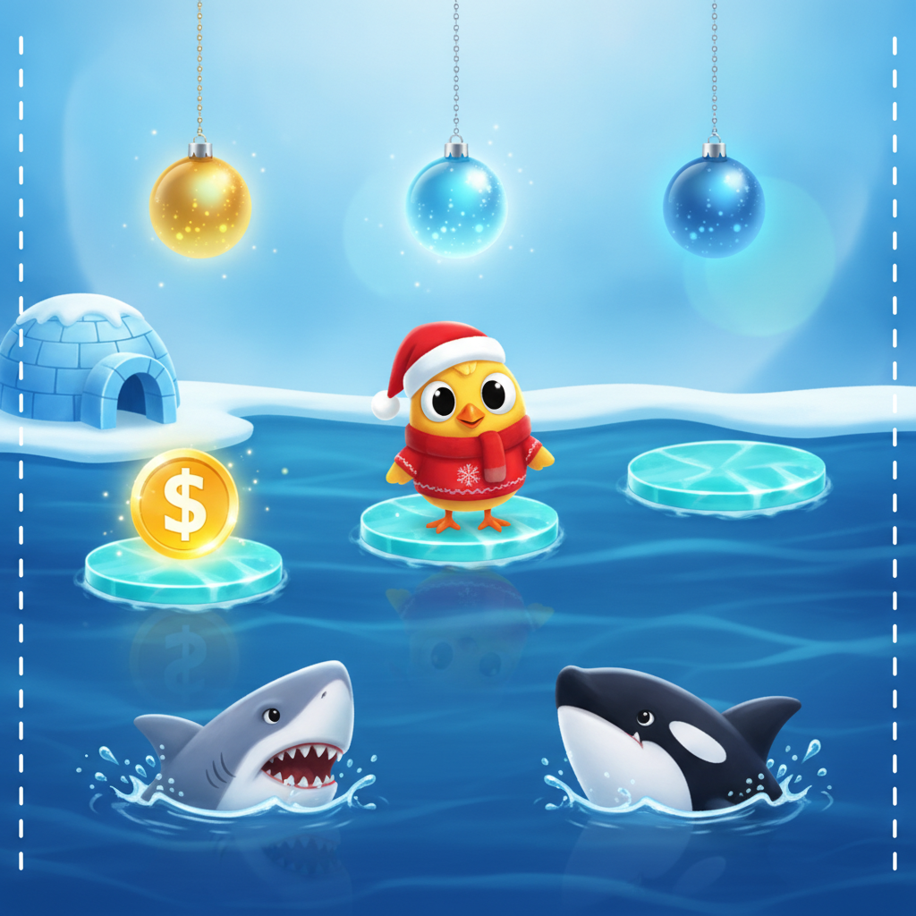 Chicken Road Ice slot con pollo natalizio su piattaforme di ghiaccio galleggianti, igloo artico, ornamenti con moltiplicatori e squali nell'acqua blu