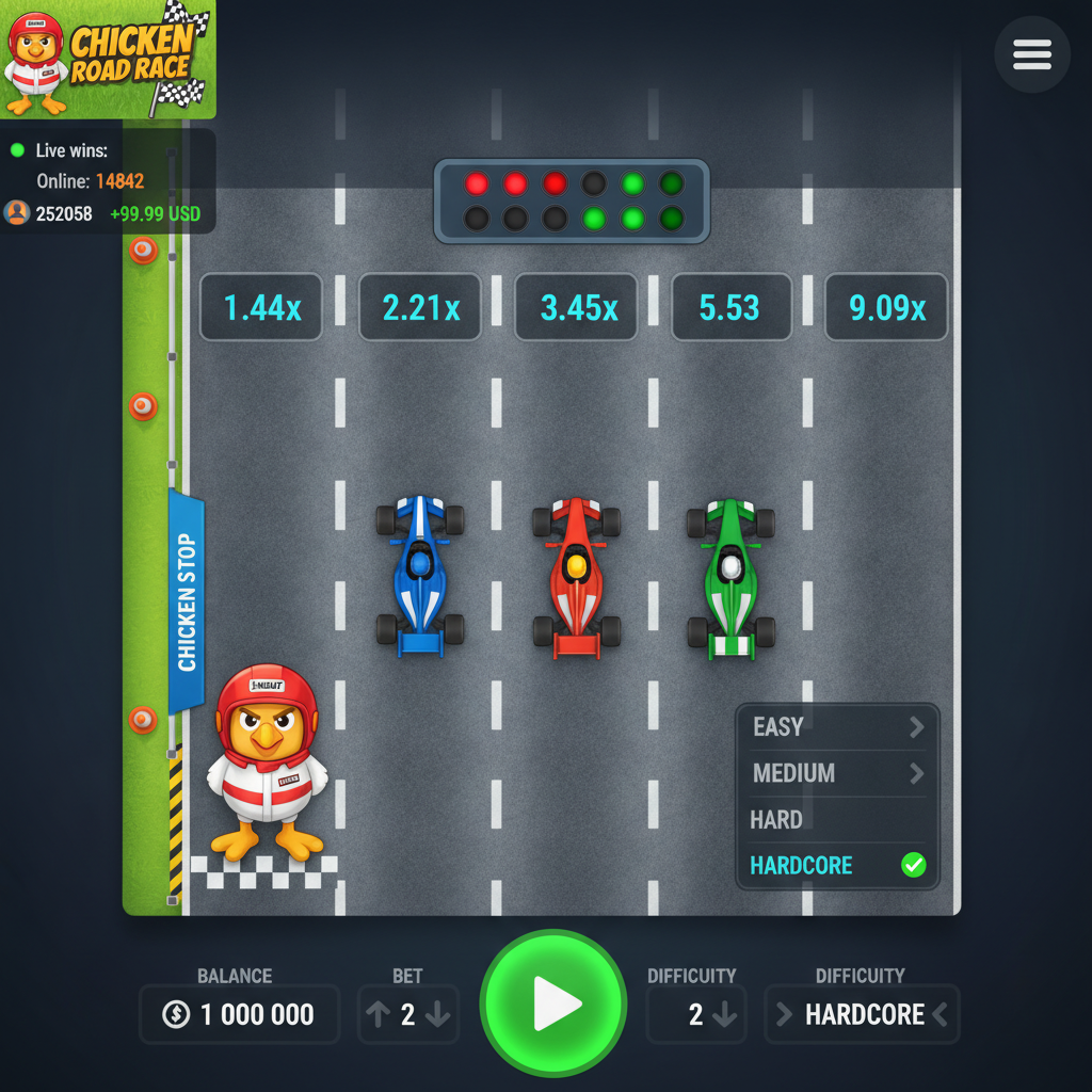 Chicken Road Race slot con pollo mascotte in casco da corsa rosso che naviga tra auto da Formula 1 su pista stradale dall'alto