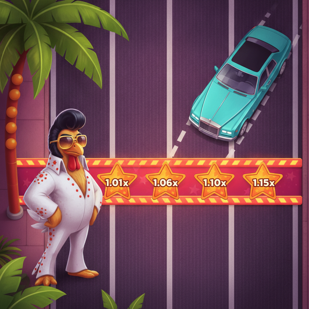 Chicken Road Vegas - Pollo Elvis attraversa strada con auto di lusso e moltiplicatori stella arancioni su sfondo viola Vegas con palme tropicali