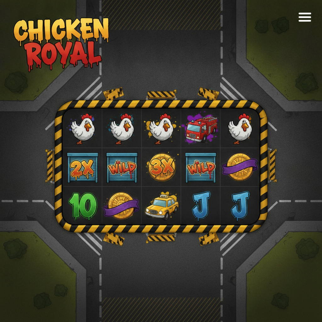 Chicken Royal slot con gallina cartoon, taxi giallo, camion dei pompieri rosso, simboli Wild garage blu e monete Scatter dorate su griglia 5x3 con cornici di nastro adesivo giallo-nero a tema street art urbana
