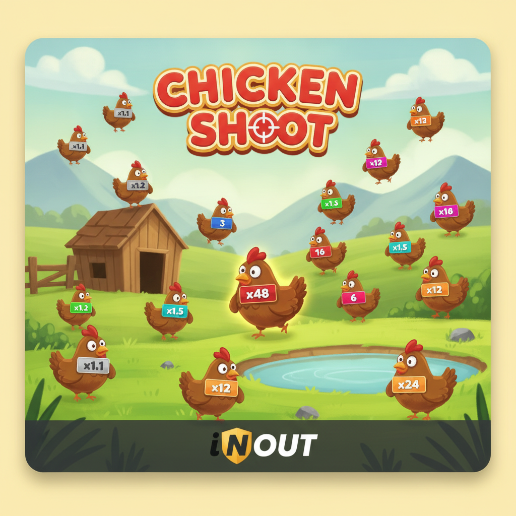 Chicken Shoot slot InOut: galline cartoon con badge moltiplicatore su sfondo fattoria con prato verde, recinto legno e stagno